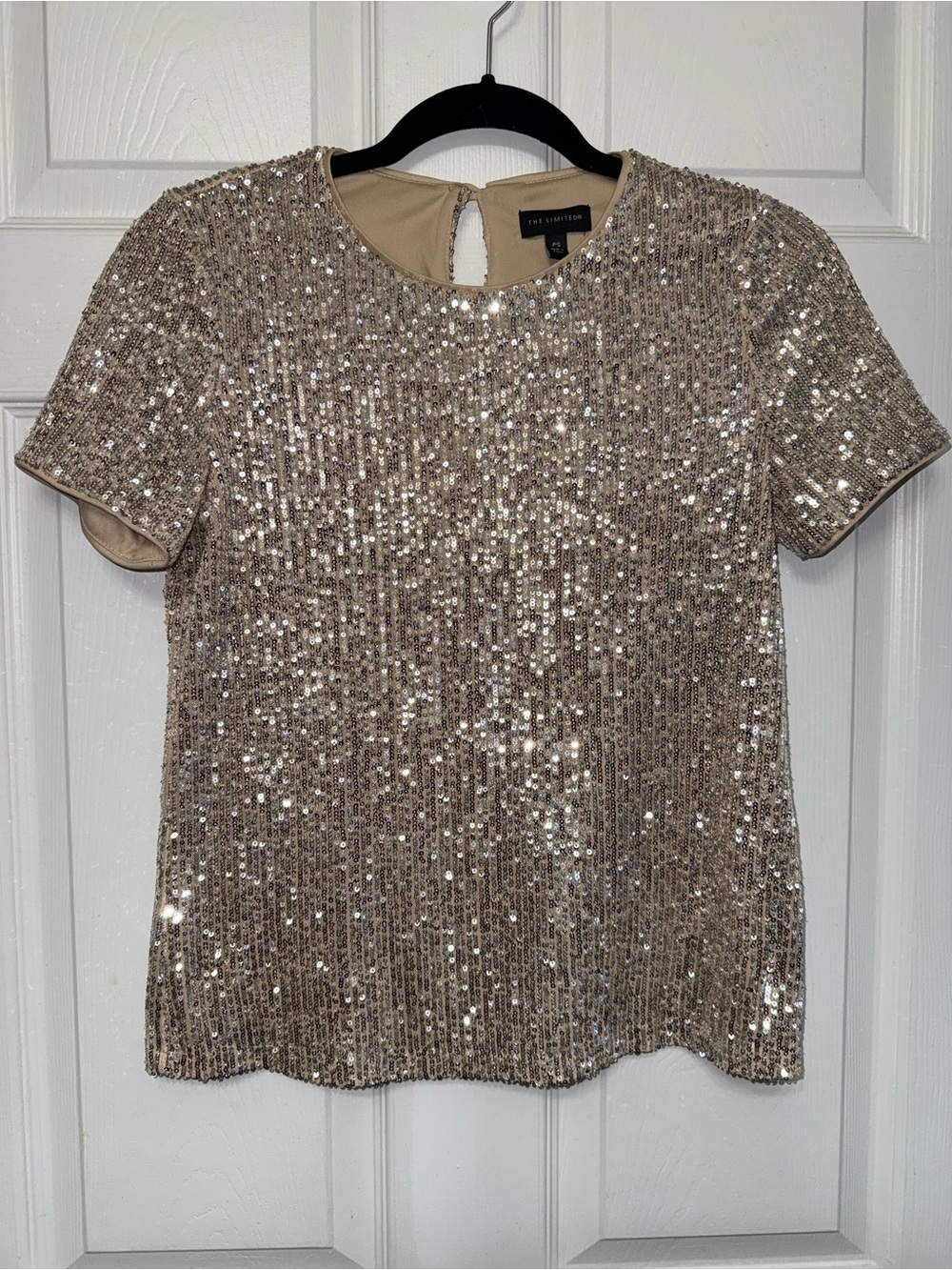 Sequined Short Sleeve Sequined Top - Champagne - Petite Small
